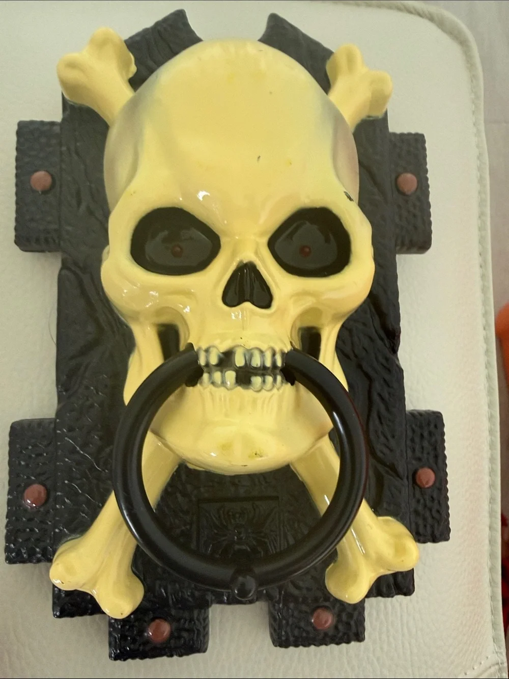 Yellow Skull Door Knocker with Black Ring - Gothic Home Accent